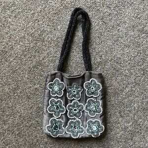 Beaded Flower Pattern Mini Handbag Purse Clutch Bag Blue Grey Velcro Closure